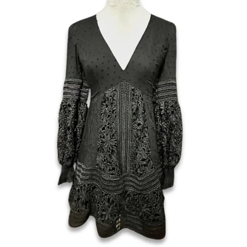 Bardot Mariah Babydoll Dress Long Sleeves Swiss Dot Lace Detailing Black XS NWOT - Picture 2 of 9